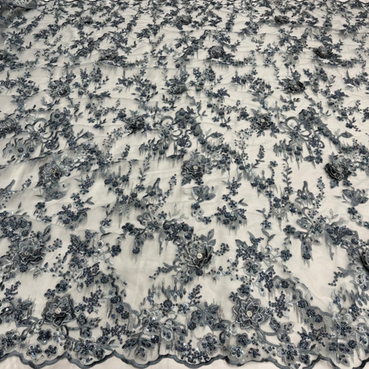 1 Yard Beaded Rhinestone 3D Floral Lace Fabric Embroidered 100 Percent Polyester Net Mesh 50 inch Width